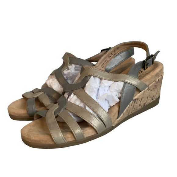 LifeStride Tabby Metallic Wedge Grey Gold Vegan Leather Wedge Cork Sandals 8.5 - Picture 14 of 15